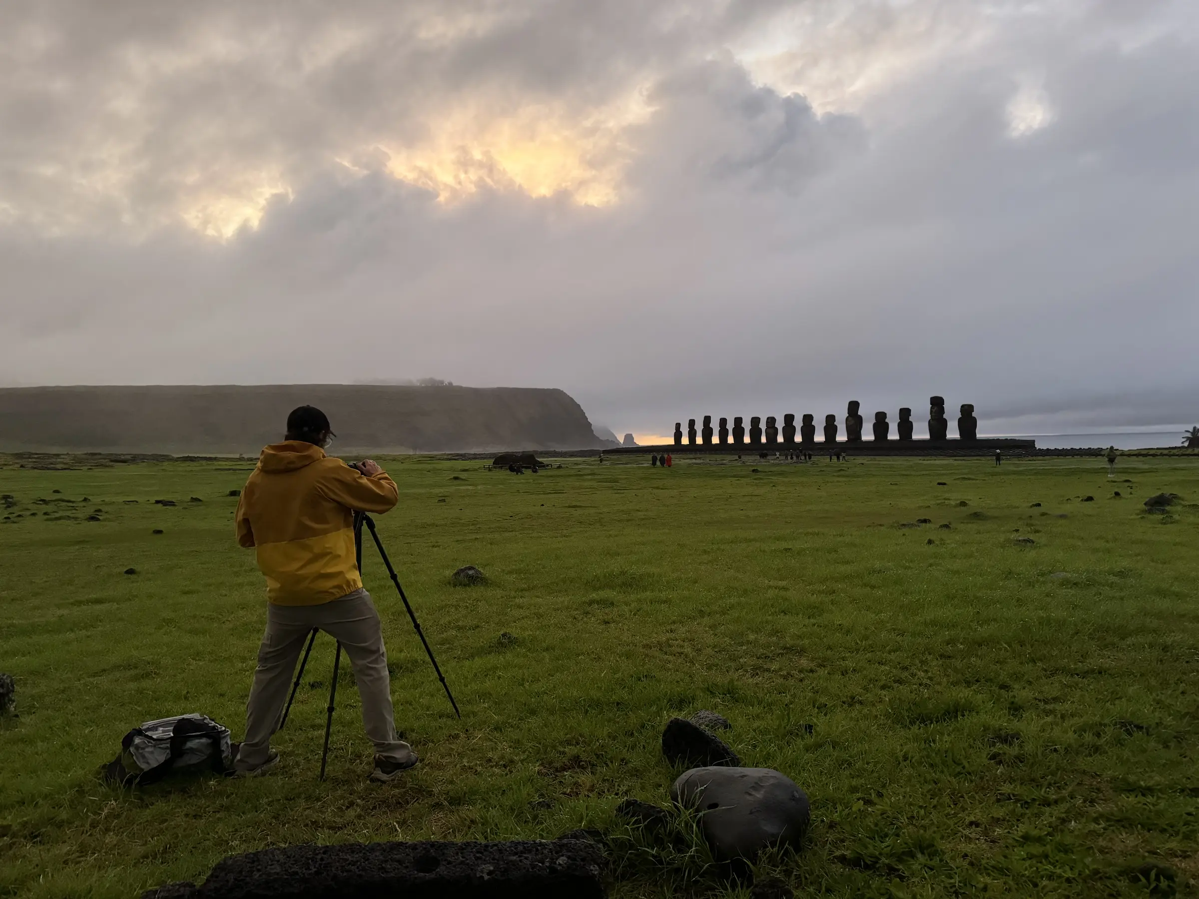 David White filming a sunrise timelapse at Ahu Tongariki, Rapa Nui