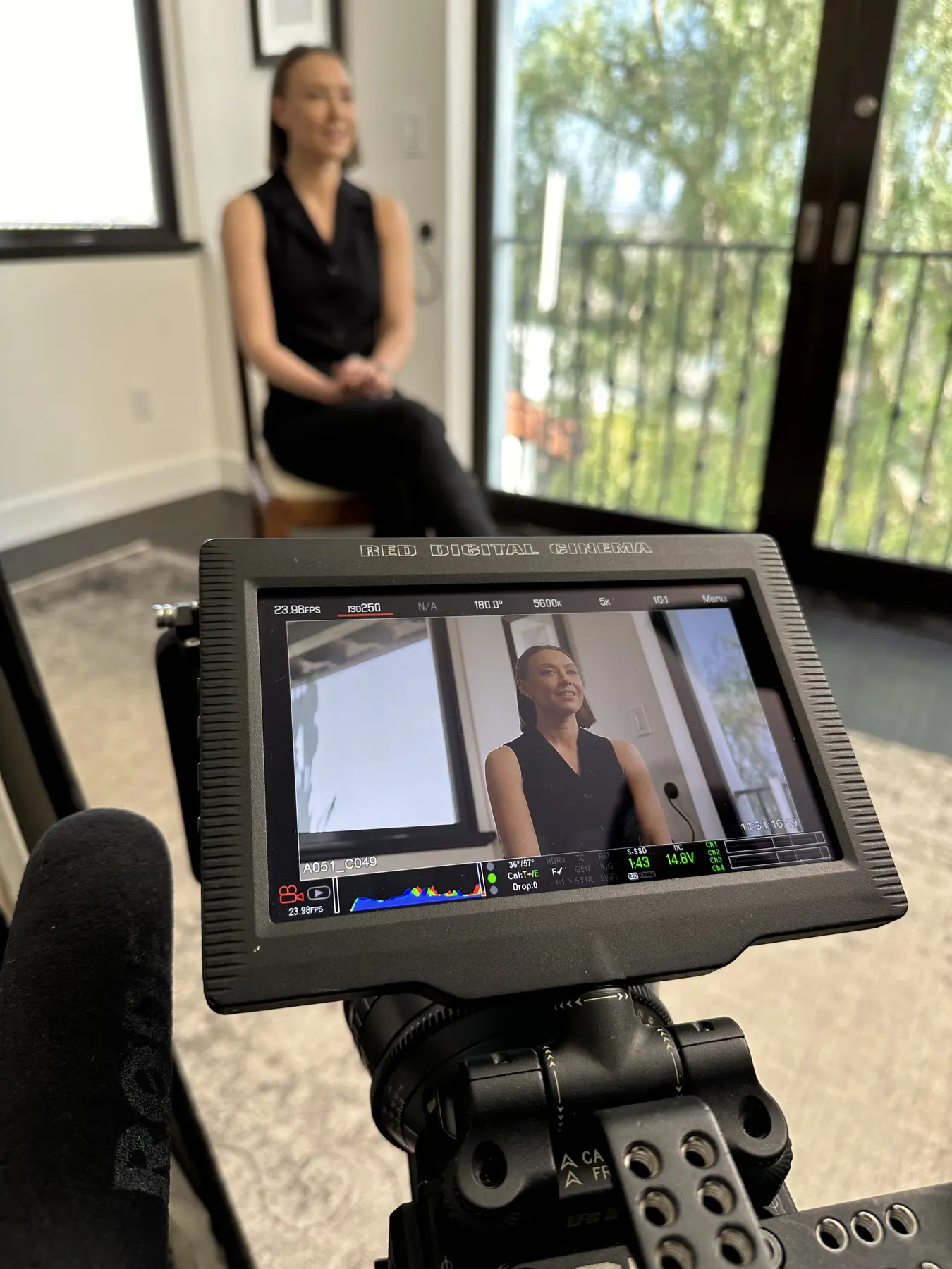 A production monitor frames Victoria Myssik in Los Angeles