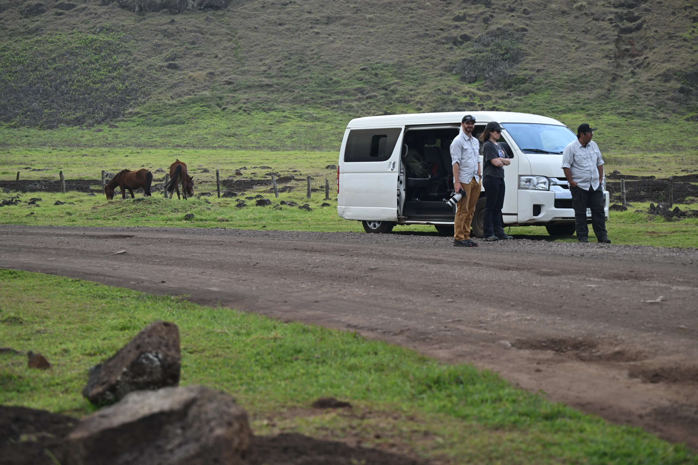 The crew beside a van with horses grazing nearby on Rapa Nui